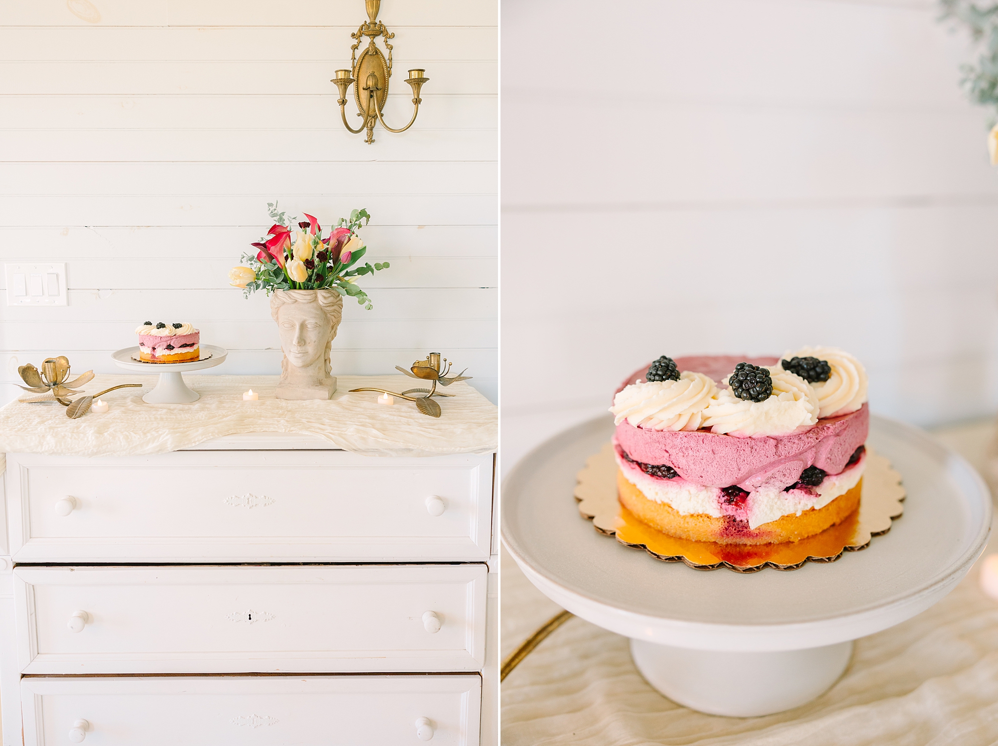 simple fruit sponge cake sits on white bureau at Magnolia Acres